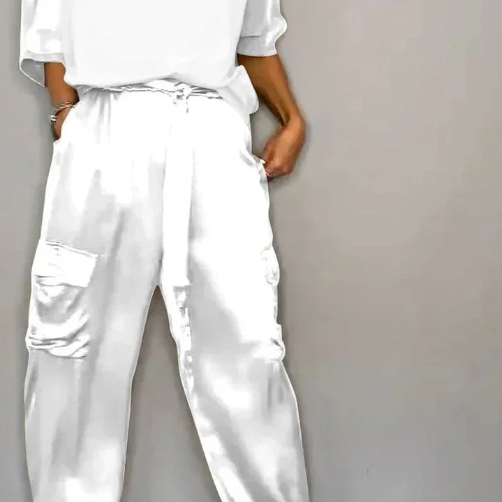 Summer Fashion Solid Satin Two Piece Set Women Round Neck Long Sleeved Top Long Pants Casual Loose Two Piece Set Women WHITE