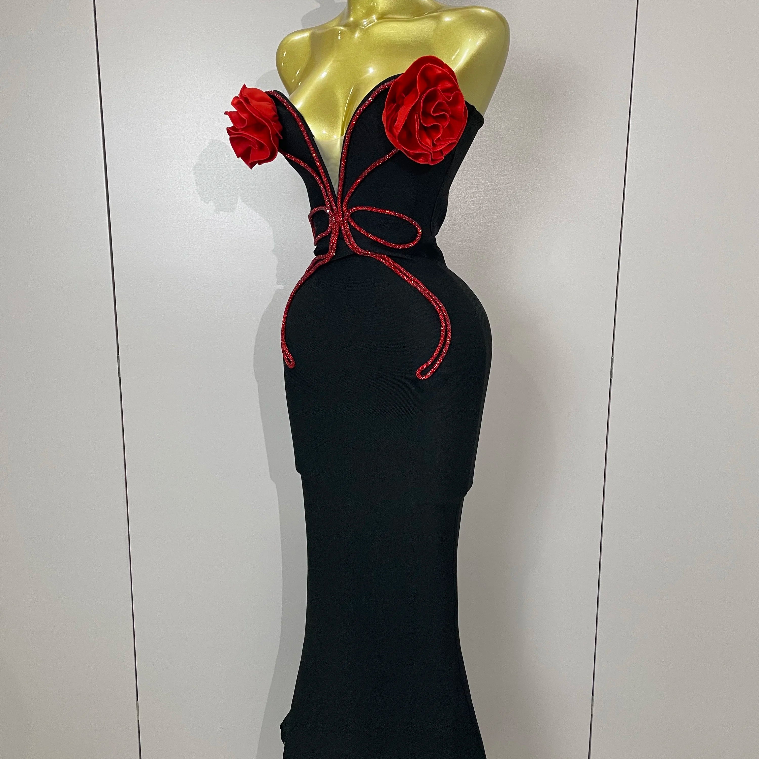 2025 black Off Shoulder Red Flower Bandage Long Dress Women Elegant Fshion Celebrity Party Dress