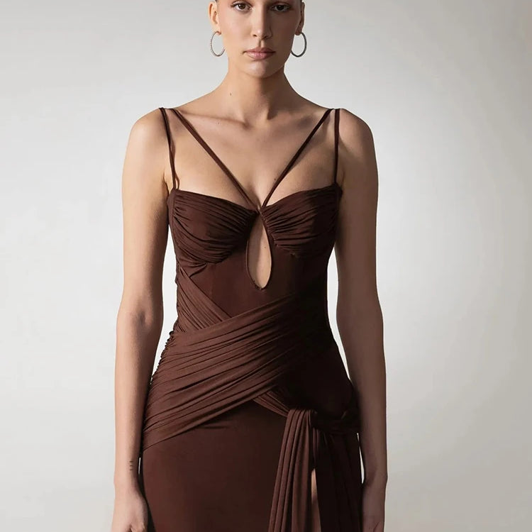 Chocolate Brown Strappy Sleeveless Draped Dress with High Slit & Cutout Detail for Formal Dinner Party Gown