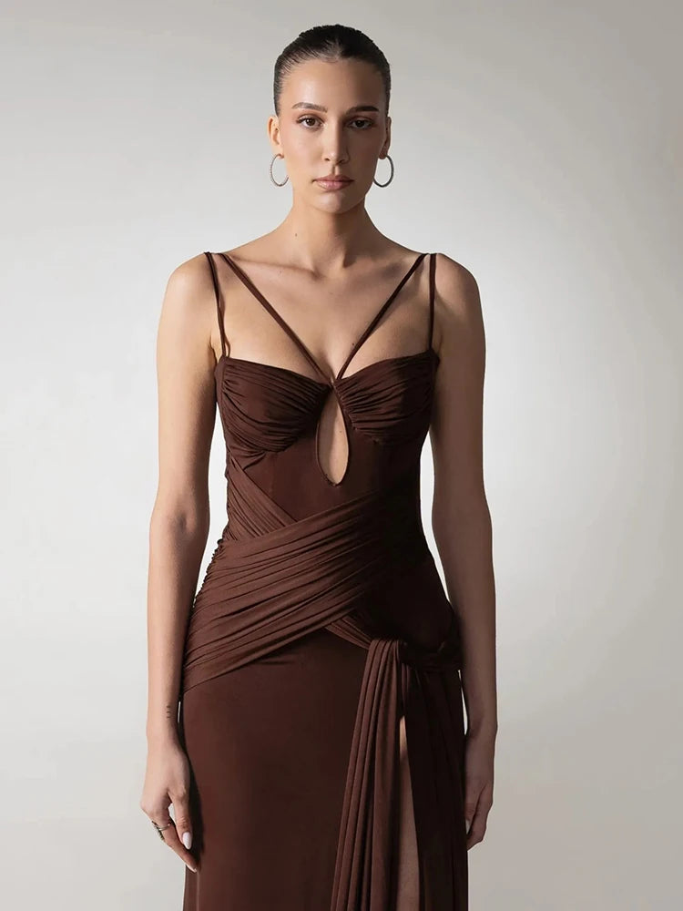 Chocolate Brown Strappy Sleeveless Draped Dress with High Slit & Cutout Detail for Formal Dinner Party Gown