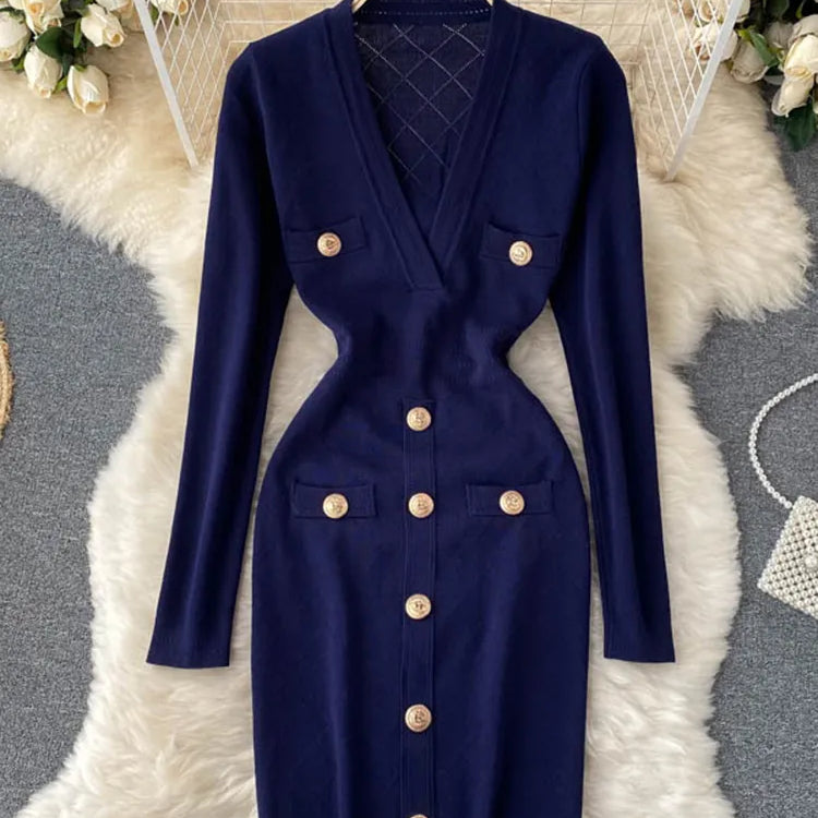 Women Knitted Pencil Dress Korean Long Sleeve V Neck Elastic Slim Dress Autumn Winter Sexy Bodycon Warm Sweater Dress