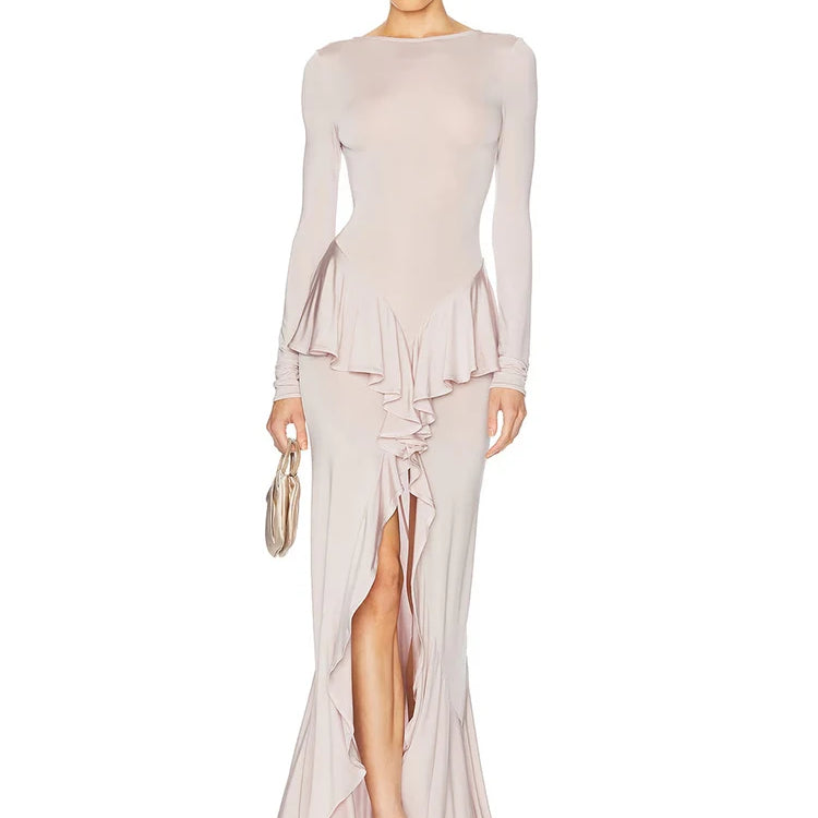 Backless Ruffled Sexy Maxi Dress For Women Gown Fashion O Neck Long Sleeve Thigh High Split Evening Long Dress Elegant Pink