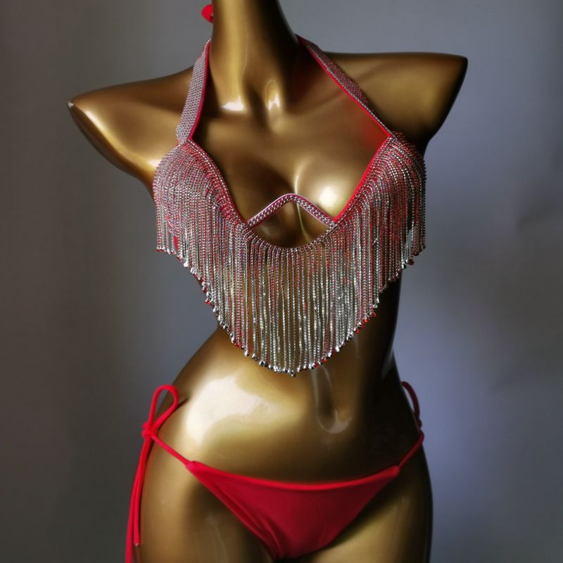 Sexy Push Up Gathered Bikini Luxury Crystal Diamond Women's Swimsuit High-End Rhinestone Tassel Triangle Swimwear Red