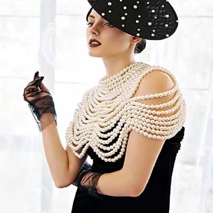 Chic Ins European American High Street Holiday Fashion Handmade Pearls Shawl Women Cape Smock Outerwear Celibrity Lady Cover Top