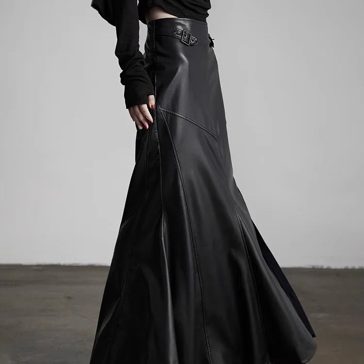 Lautaro Spring Autumn Black Soft Pu Leather Floor Length Mermaid Skirt Women High Waist Elegant Luxury Extra Long Clothes 2025 Black