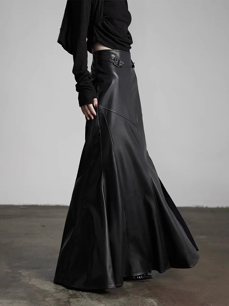 Lautaro Spring Autumn Black Soft Pu Leather Floor Length Mermaid Skirt Women High Waist Elegant Luxury Extra Long Clothes 2025 Black