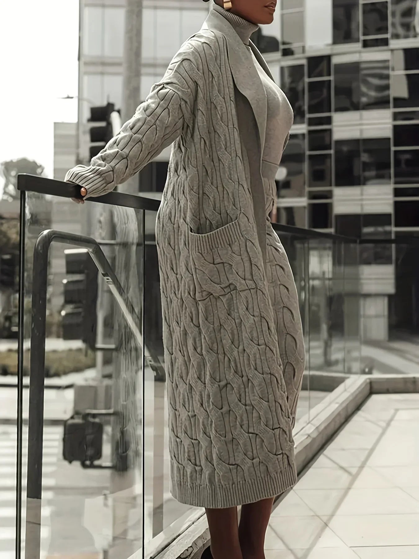 Winter Chic Three-Piece Knit Set Women Open Front Pocketed Cardigan Sleek Turtleneck Sweater With High-Waist Skirt Perfect