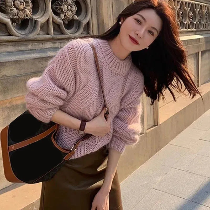 Lucyever Lazy Style Twist Sweater for Women Autumn Winter Thick Warm Loose Knitted Pullover Vintage Streetwear Knit Jumper Tops Pink One Size