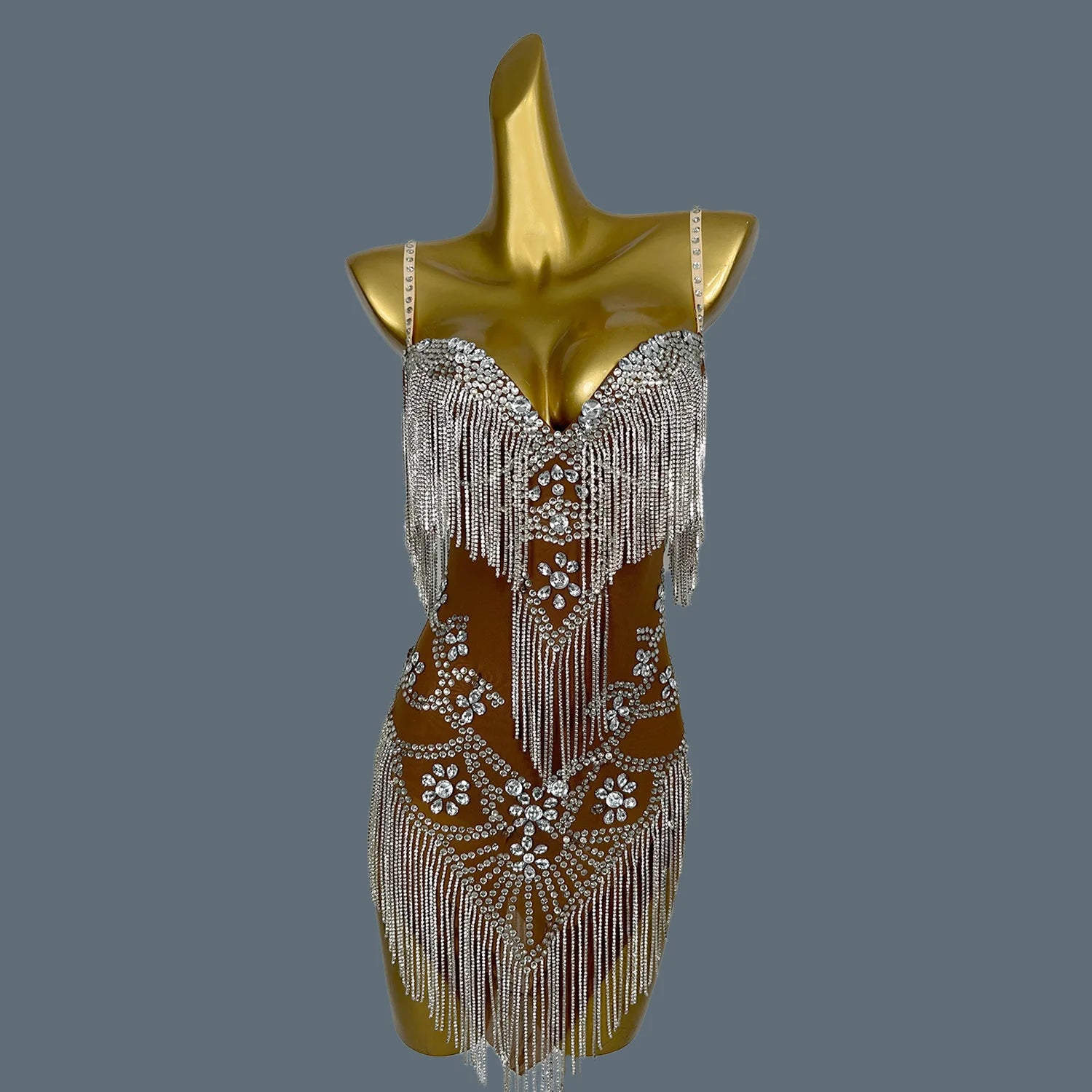 Sexy Backless Pink Diamond Dress Mesh Elastic Strap Dress Club Dinner Birthday Party Dress Stage Performance Costume Yelian Brown