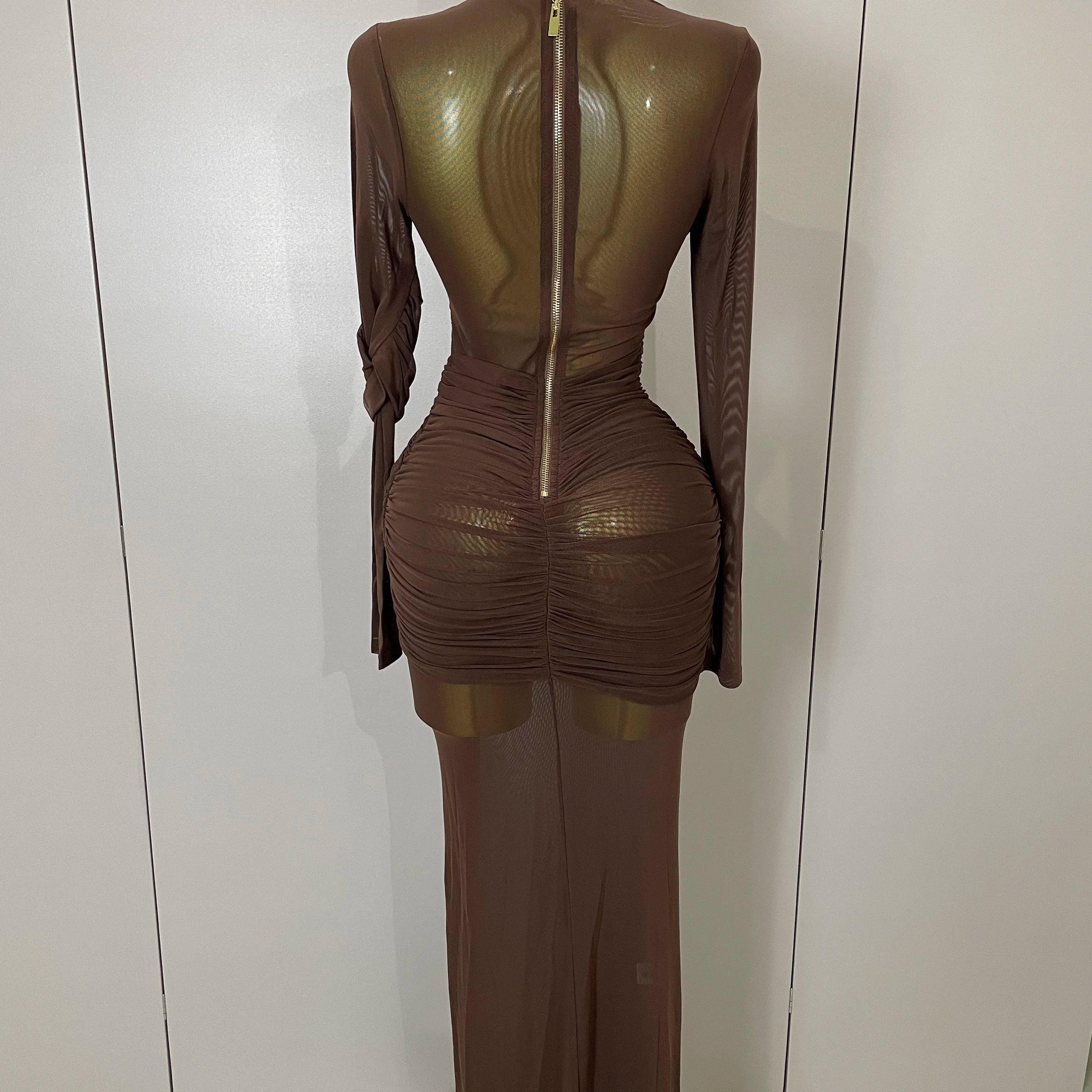 2025 Women Elegant Brown Mesh Fold Long Sleeve Bodycon Dress Evening Party Club Sexy Perspective Fashion Luxury Birthday Dresses