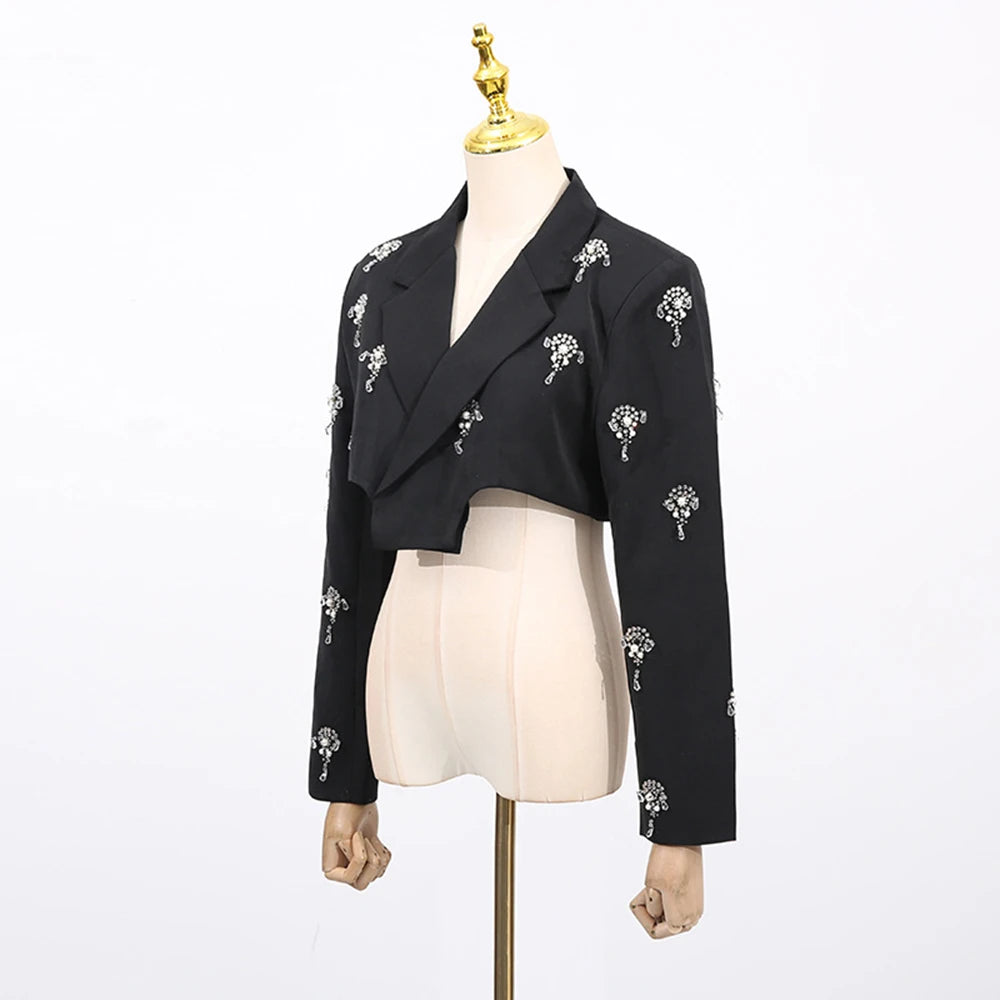 Solid Slimming Elegant Jackets for Women Lapel Long Sleeves Patchwork Bead Short Jacket Female Fashion Clothing New