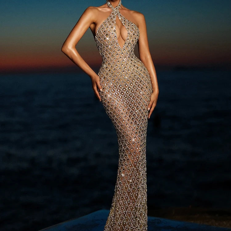 VC Beige Halter Mermaid Long Dress Key Hole Backless Sequins Sleeveless Celebrity Maxi Evening Party Gowns Vestidos