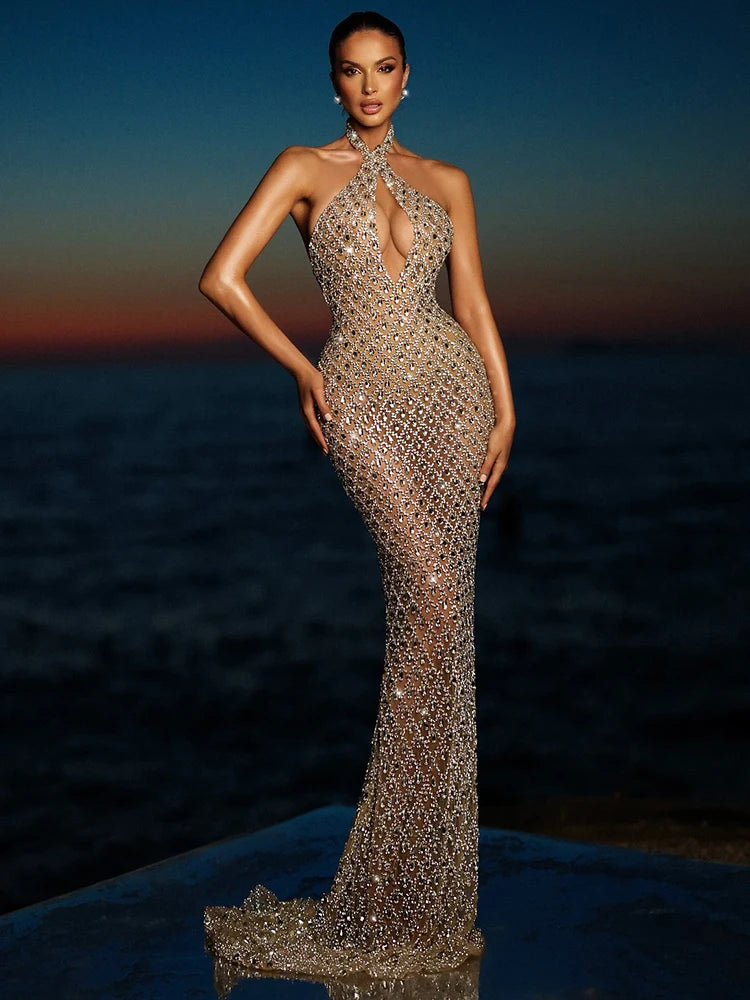 Beige Halter Mermaid Long Dress Key Hole Backless Sequins Sleeveless Celebrity Maxi Evening Party Gowns Vestidos