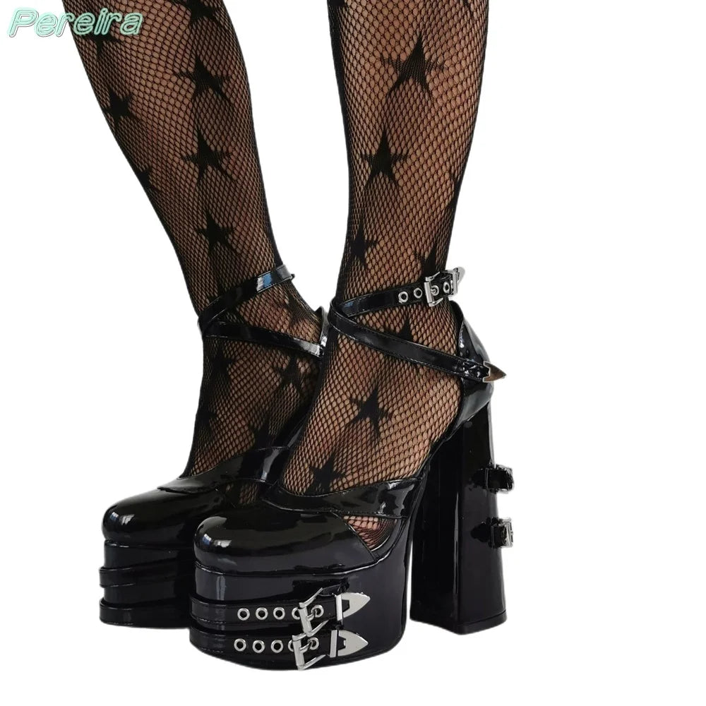 Black Patent Leather Platform Sandals Cut Out Round Toe Metal Decor High Chunky Heel Cross Strap Buckle Strap Sexy Women Shoes