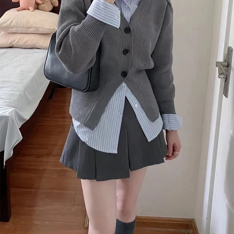 Preppy Style Sweet Wind Suit 3 Piece Set Female Student Korean Striped Blouses + Knitwear Cardigan + Korea A-Line Skirt Coquette
