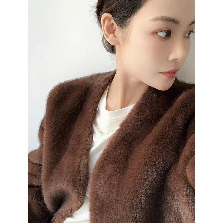 Autumn Winter Chic Luxury Soft Thick Warm Brown Faux Mink Fur Coat Women with Deep V Neck Long Sleeve Fluffy Jacket 2024