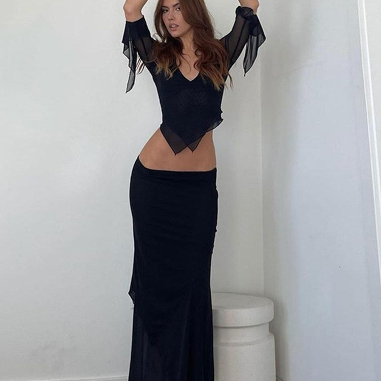 Tawnie Y2K Mesh Skirt 2 Pieces Sets Women 2024 Summer Casual V Neck Long Sleeve Crop Top Bodycon Maxi Skirt Matching Sets Outfit