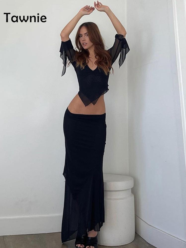 Tawnie Y2K Mesh Skirt 2 Pieces Sets Women 2024 Summer Casual V Neck Long Sleeve Crop Top Bodycon Maxi Skirt Matching Sets Outfit