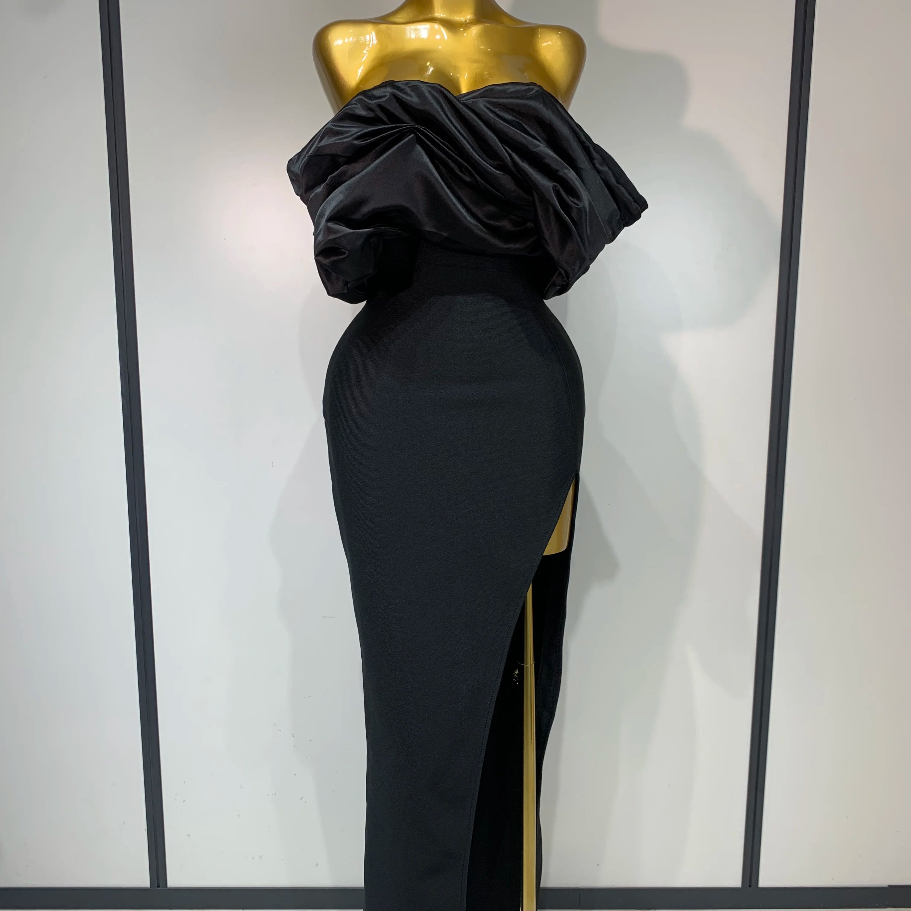 Sexy Off Shoulder Satin Patchwork Ruched Bodycon Bandage Maxi Dresses Women Elegant Celebrity Evening Party Birthday Dresses black