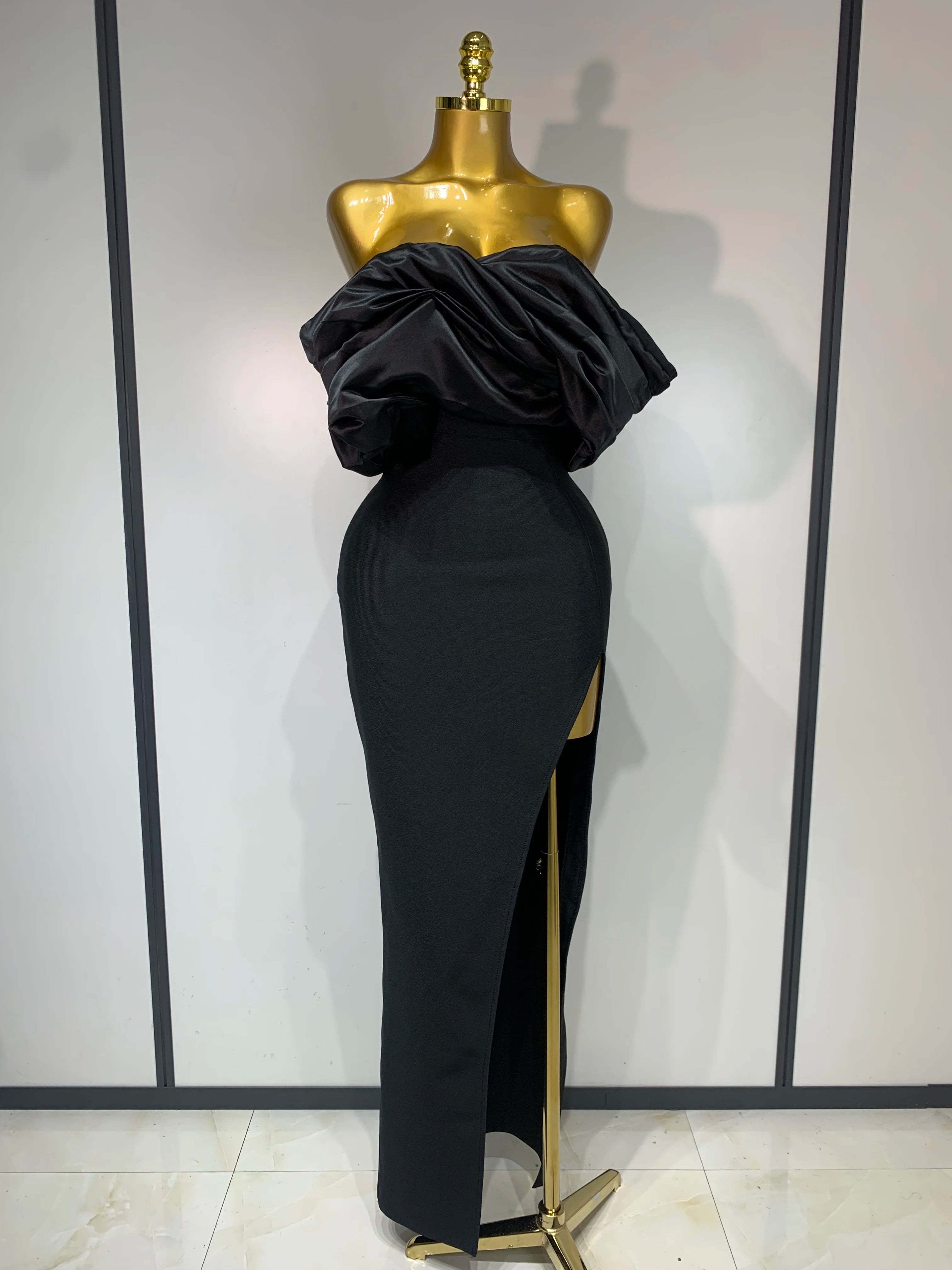 Sexy Off Shoulder Satin Patchwork Ruched Bodycon Bandage Maxi Dresses Women Elegant Celebrity Evening Party Birthday Dresses black