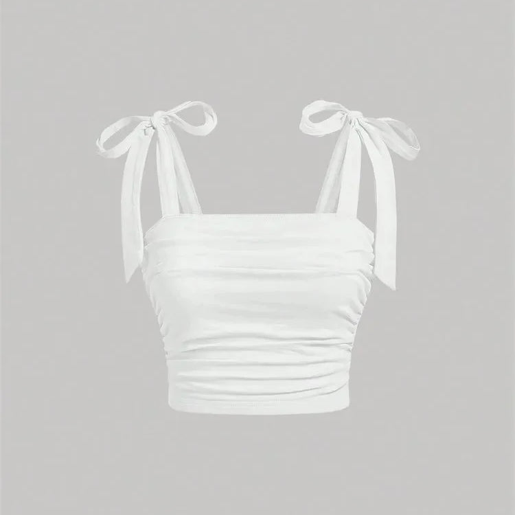 Solid Tie Shoulder Ruched Wide Strap Slim Fit Crop Top for Women Summer Y2K Clothes Pink Backless Cami Top Streetwear WHITE