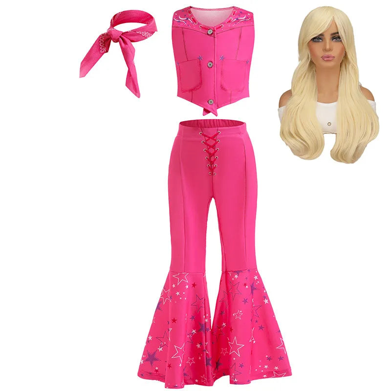 Toddler Girls Cowboy Pink Vest Pants Scarf 3 Pcs Clothing Set Margot Movie Role Play Costume Barbi Cowgirl Youth Outfit Cosplay Brown