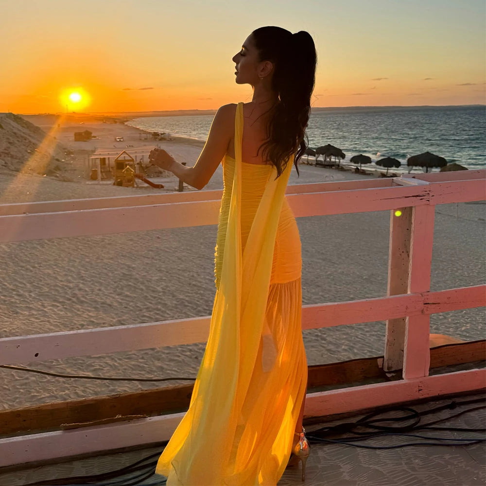 Yellow Color Women Sexy Halter Off the Shoulder Bodycon Long Mesh Dress Celebrate Birthday Party Vacation Girls' Dress