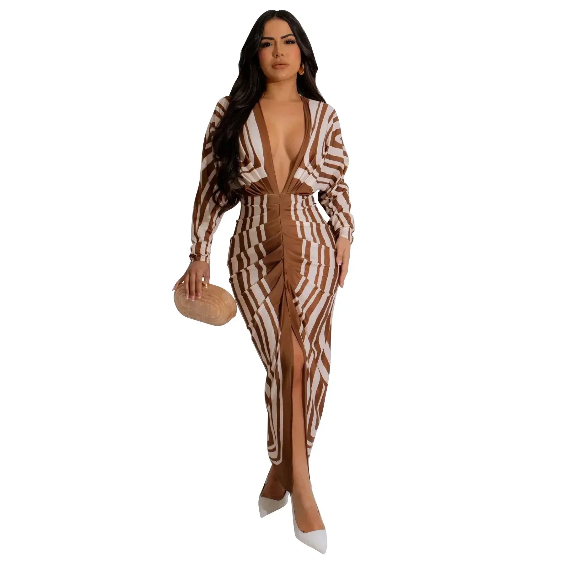 2024 Autumn V-neck Ruched Stacked Midi Dress Women Full Sleeve Print Bodycon Night Club Party Bandage Dresses Vestidos color 01