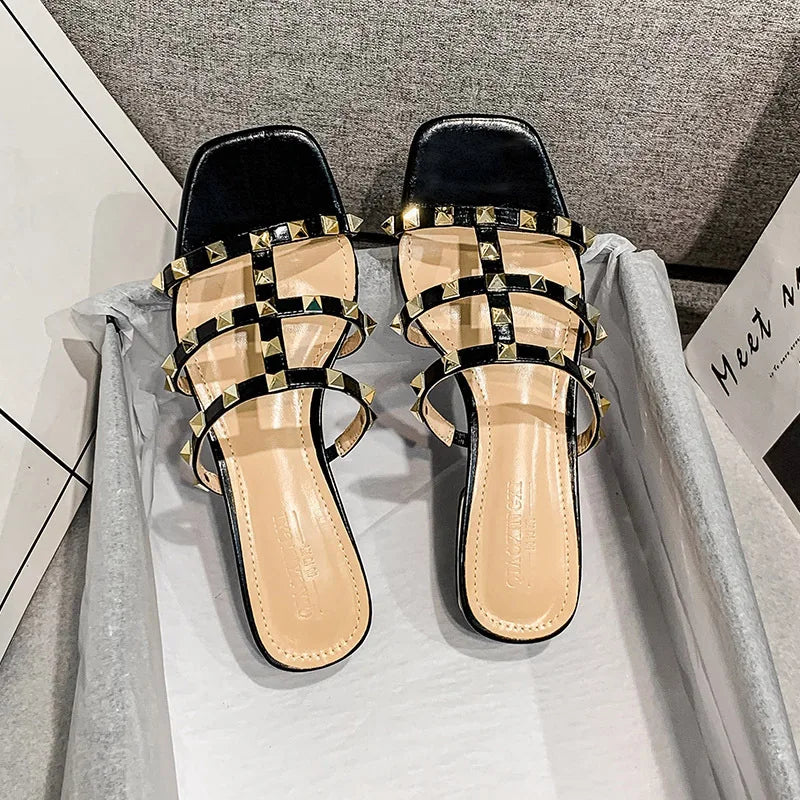 2023 Summer low heel women rivets sandals thin ribbon fashion Korean design girls shoes large size wear slippers free delivery black