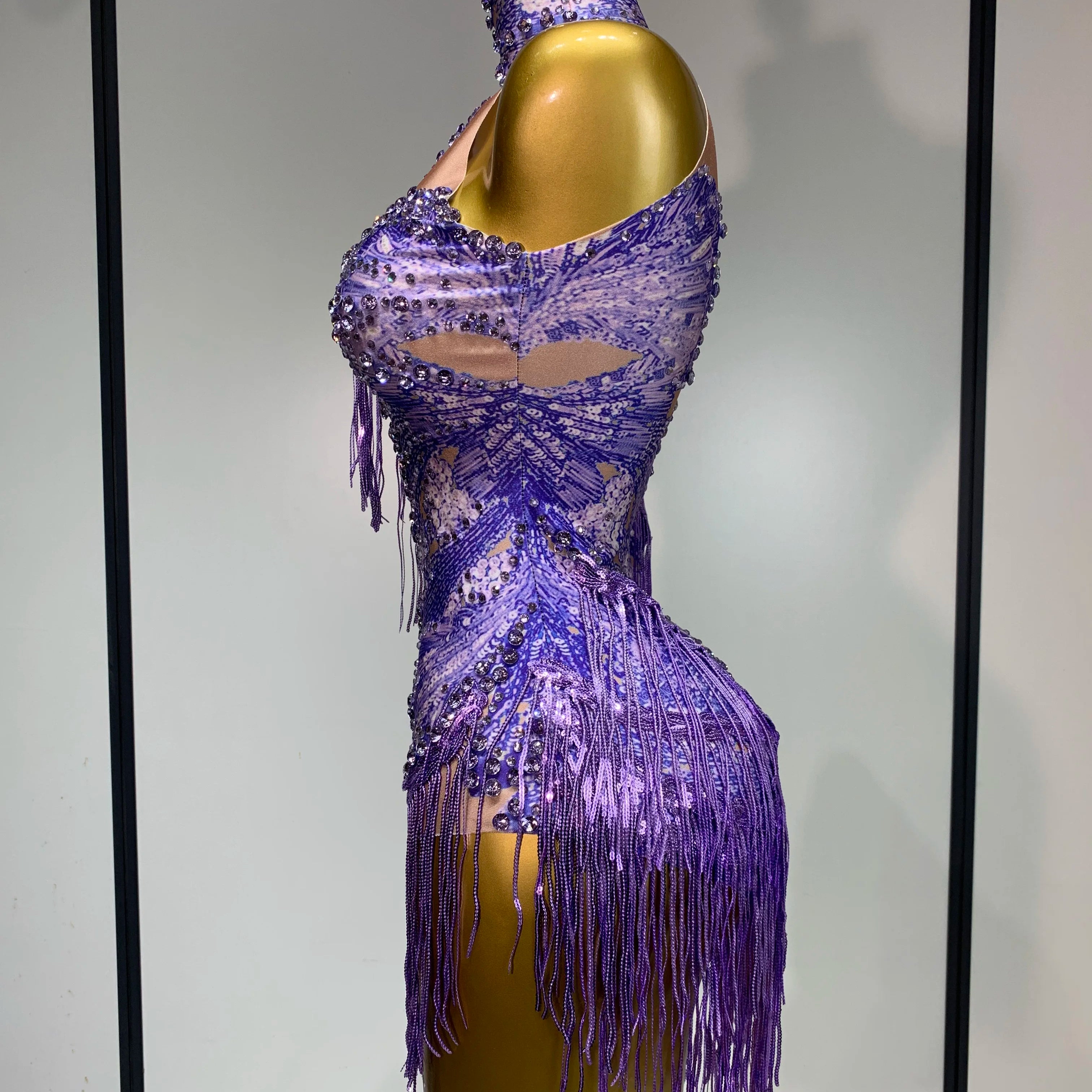 Sexy Sparkly Purple Rhinestones Tassel One Shoulder Sleeve Mini Dress Evening Party Birthday Nightclub Stage Performance Outfit
