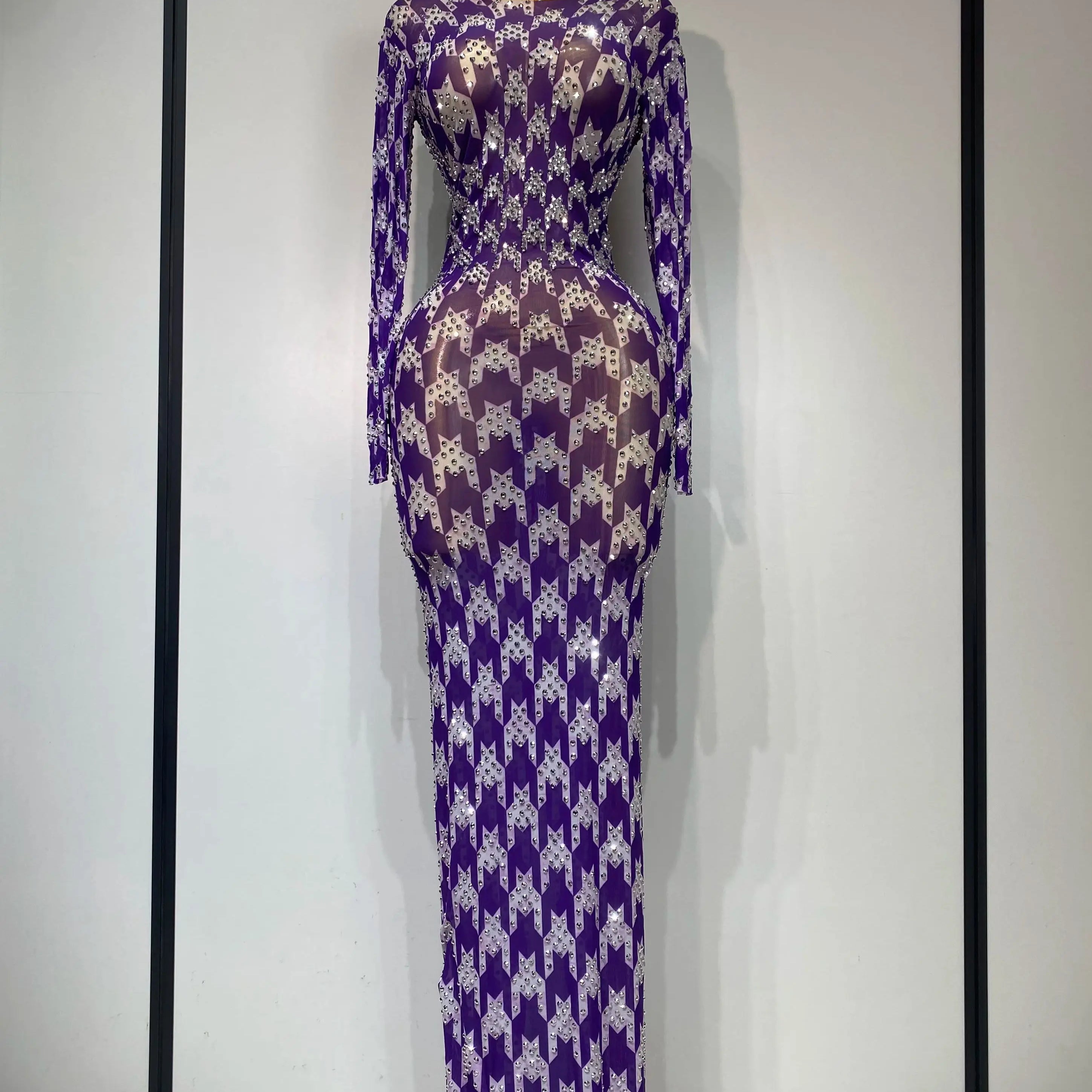 Sparkly Rhinestone Stretchy Mesh See Through Dress Women 2025 Performance Dancer Costume Luxury Birthday Nightclub Stage Outfit Dark Brown