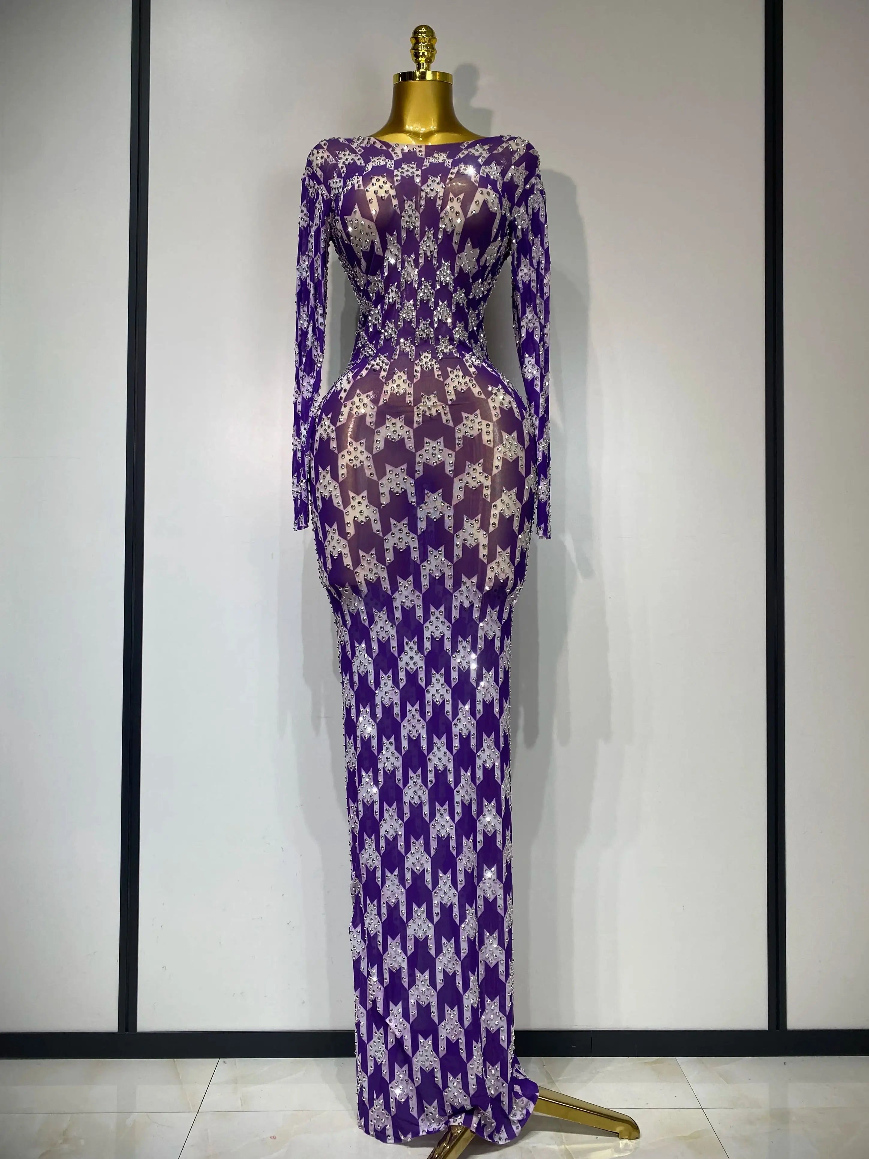 Sparkly Rhinestone Stretchy Mesh See Through Dress Women 2025 Performance Dancer Costume Luxury Birthday Nightclub Stage Outfit Dark Brown