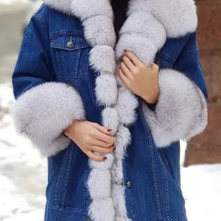 Lazada Best Selling Women's Long Sleeve Faux Fur Leather Denim Jacket Wish Top Brand Chinese Origin Mixed Fur Coat WHITE