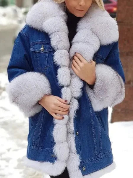 Lazada Best Selling Women's Long Sleeve Faux Fur Leather Denim Jacket Wish Top Brand Chinese Origin Mixed Fur Coat WHITE