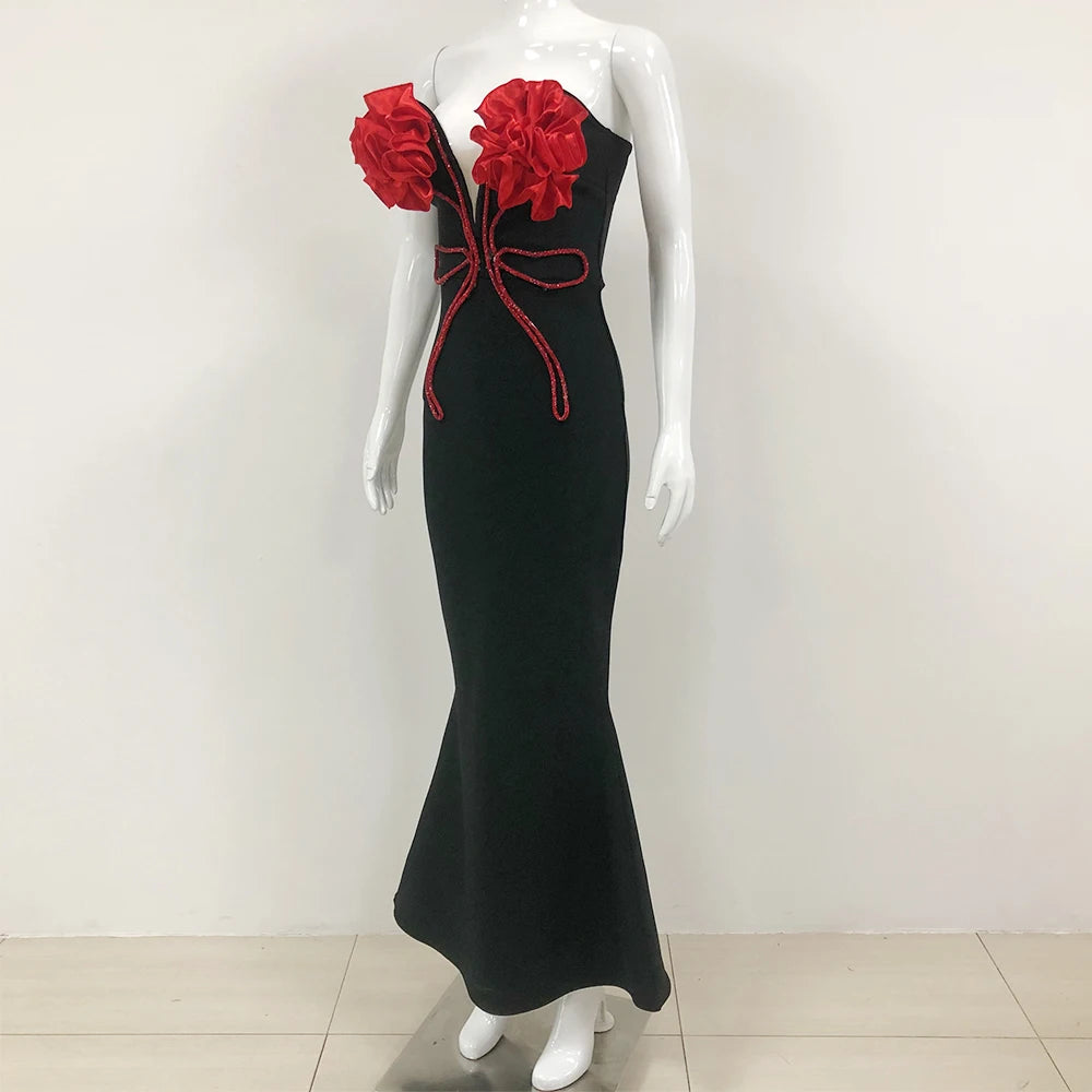 Black Red Florals Sexy Strapless Diamond Line Bodycon Bandage Long Dress Fashion Celebrate Nightclub Party Wear
