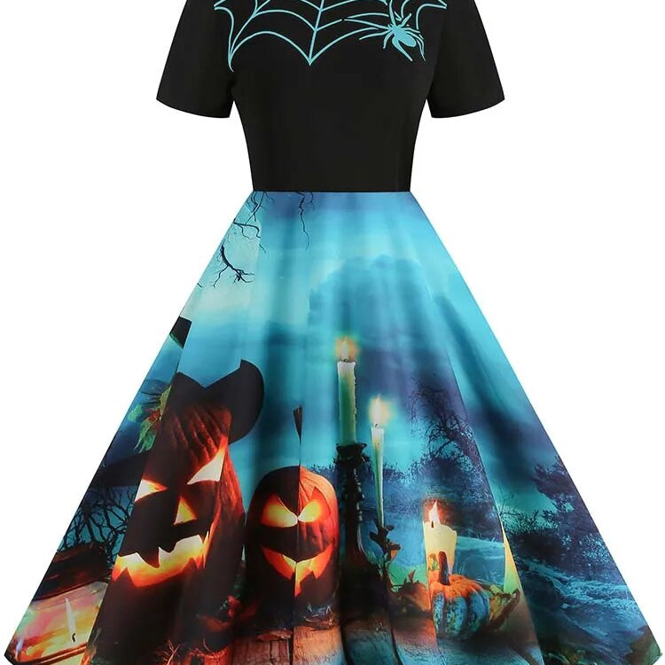 Women Halloween Costumes Dresses Short Sleeve Print 2024 Autumn Winter Vintage Party Dress Vestidos