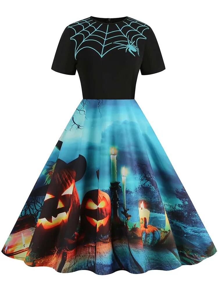Women Halloween Costumes Dresses Short Sleeve Print 2024 Autumn Winter Vintage Party Dress Vestidos