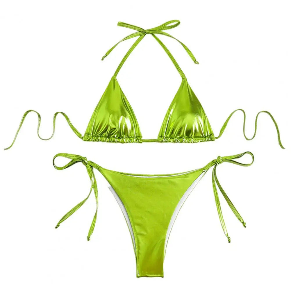 Bikini Women Swimsuit New Gold Halter Lace Up Bikinis Set Sexy Swimwear Beach Cover Up 2 Piece Beach Bathing Suit Female Fluorescent Green