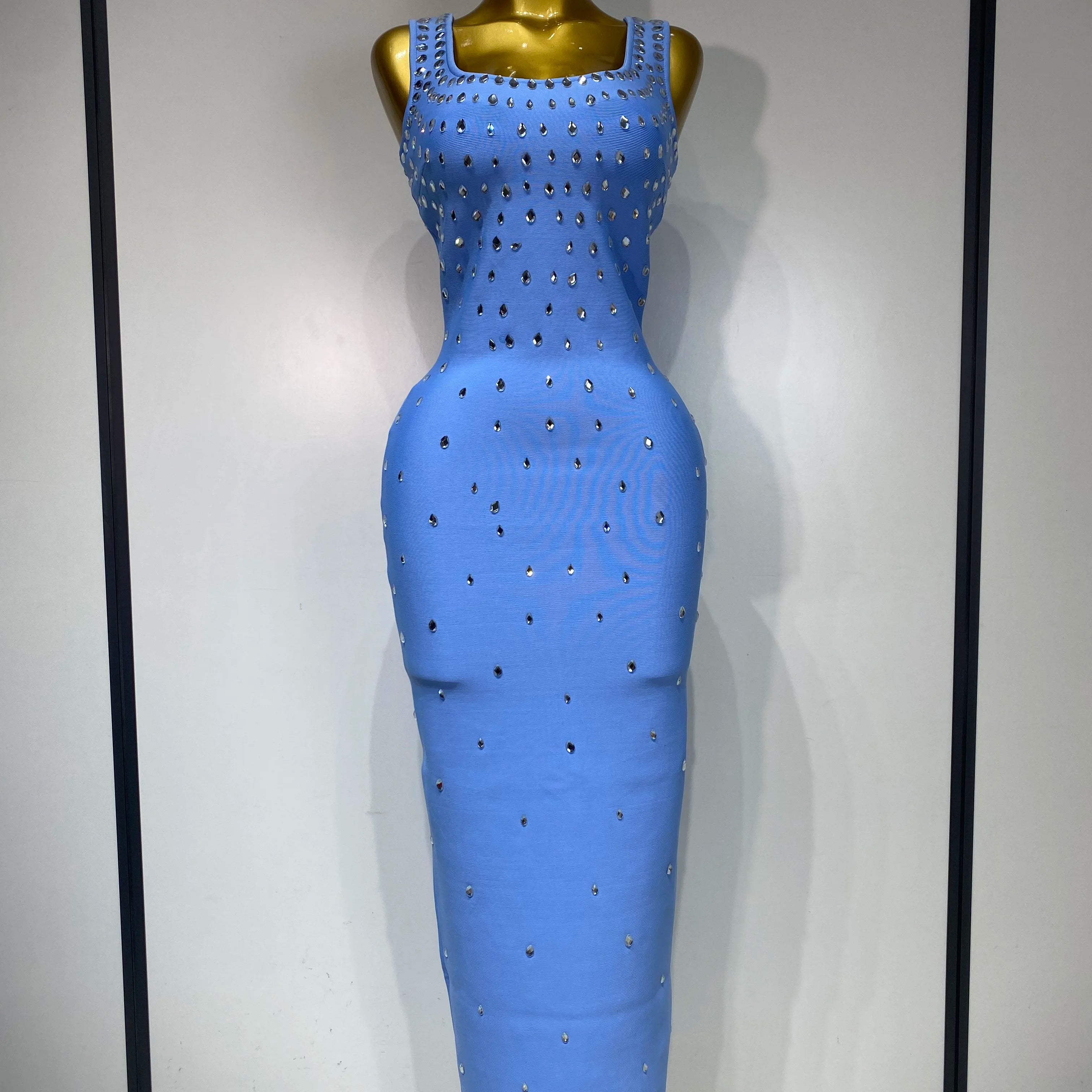 Women Sparkly Rhinestone Bandage Long Dress Elastic Sleeveless Bodycon High Street Evening Club Party Elegant Birthday Gowns SKY BLUE