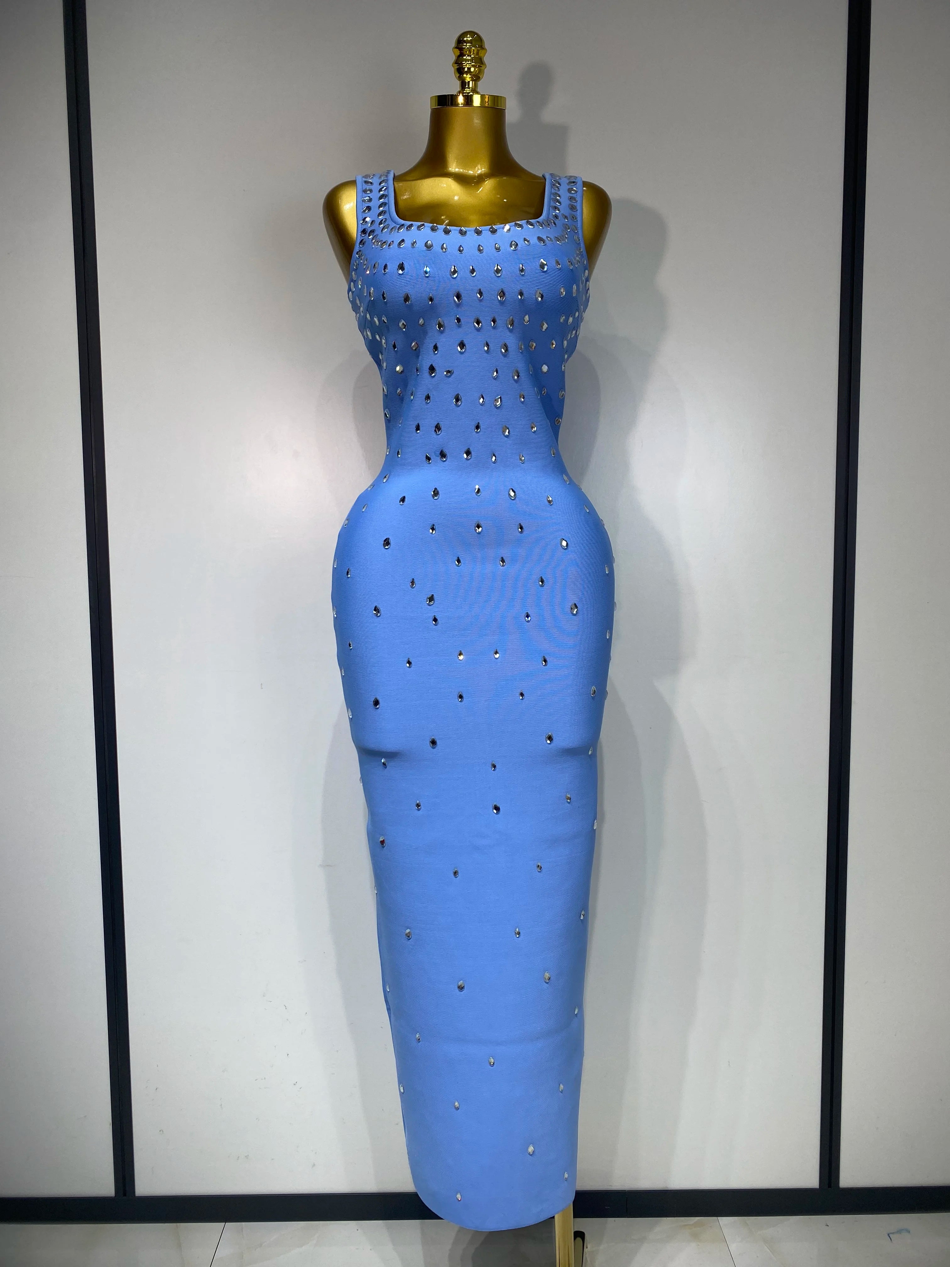 Luxury Rhinestone Bandage Long Dress Elastic Sleeveless Bodycon High Street Evening Club Party Elegant Birthday Prom Gowns SKY BLUE