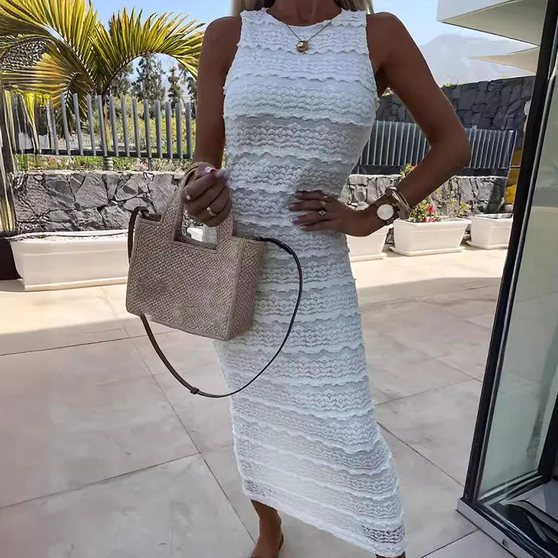 Sexy Jacquard Bodycon Wrap Dresses Chic Women Sleeveless O-neck Temperament Party Dress New Elegant Solid Split Long Dress 2024