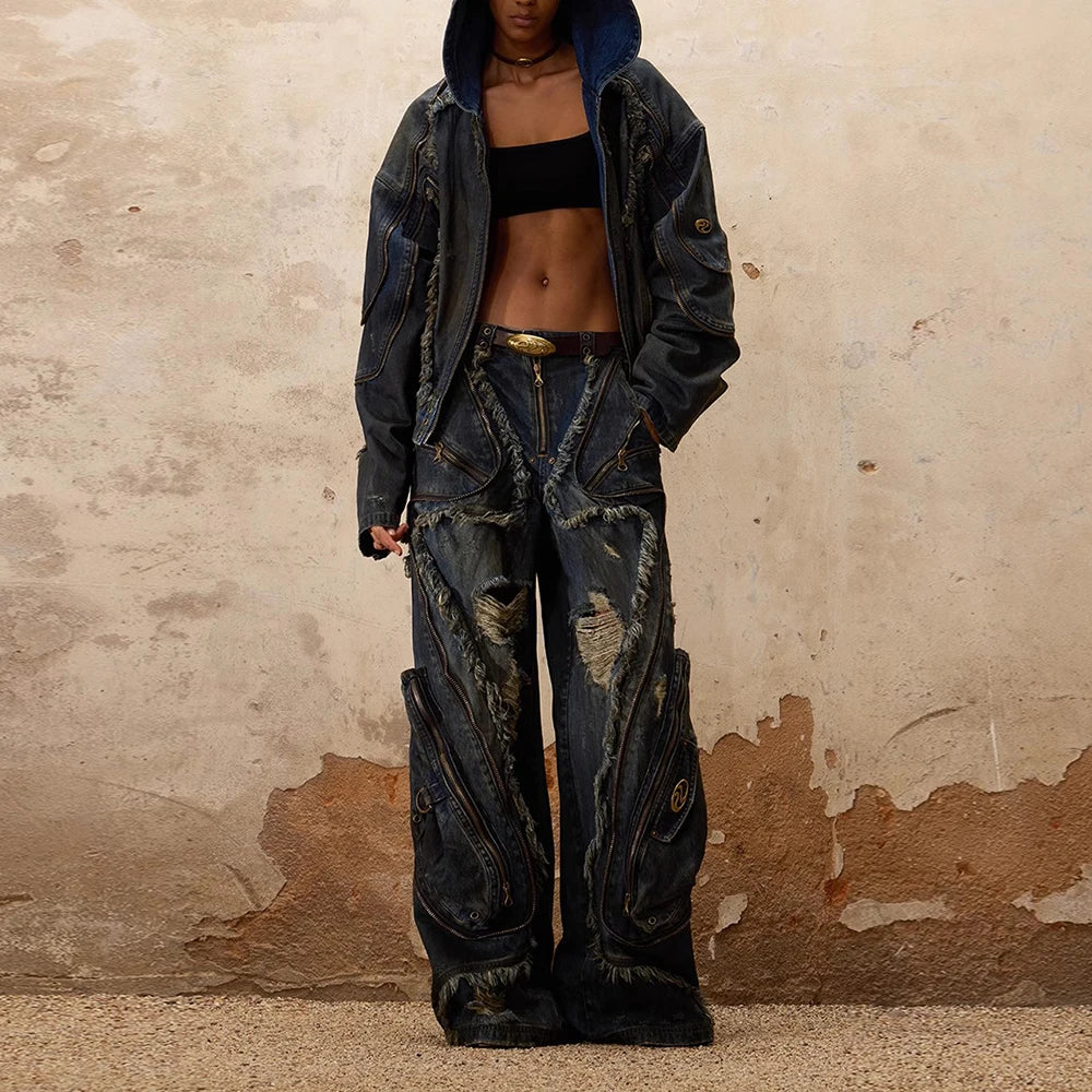 Colorblock Fashion Spliced Zipper Chic Loose Pants for Women Patchwork Hollow Out Pant Female High Street Style New