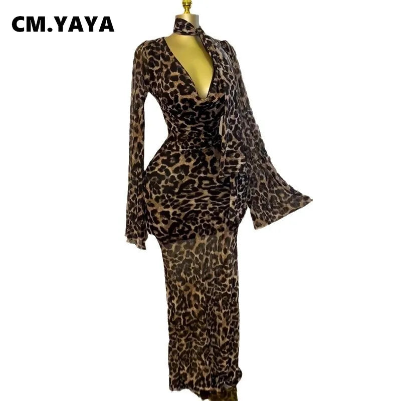 Women Full Sleeve Pile Collar leopard print Long Maxi Dress Holiday Beach Birthday Evening Sexy Party Dresses Vestidos