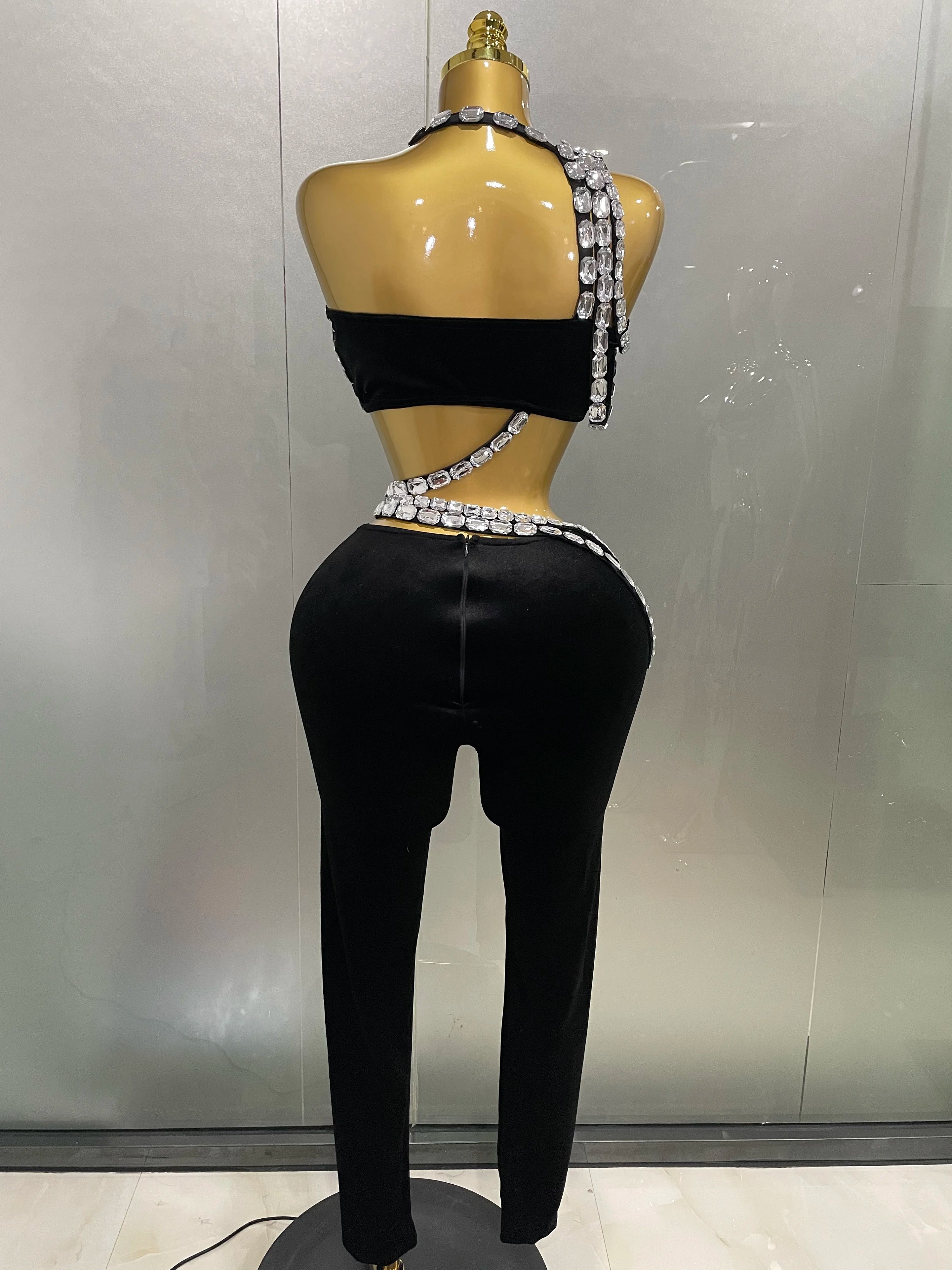 2025 New Luxury Sparkle Diamonds Sexy Crop Top Velour Pant Two Pieces Set Women Celebrate Birthday Party Nightclub Stage Costume