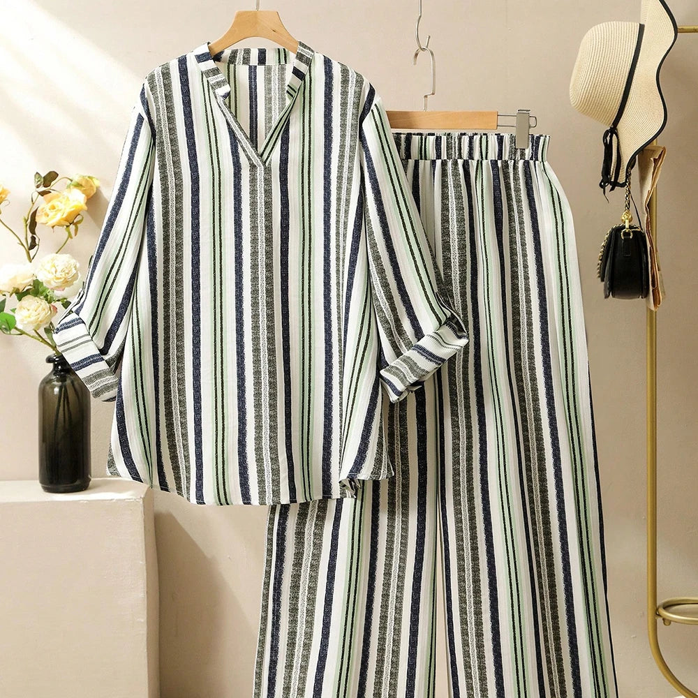 Plus Size Rafiah Women's Sets Summer Simple Basics Stripes Short Sleeve V-Neck Natural Waist Ankle Wide Leg Casual Sets Green