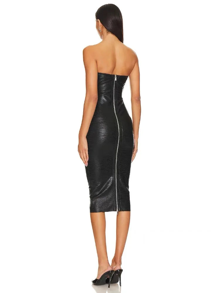Black Foil Color Women Sexy Strapless Bodycon Bandage Dress Fashion Celebrate Evening Party Birthday Photo Shoot Dress