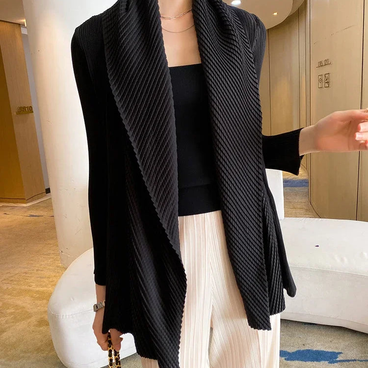 ALSEY Miyake Pleated Fashion Short Coats Women's Fall Winter New Black Loose Open Stitch Turn-down Collar Korean Jackets black One Size