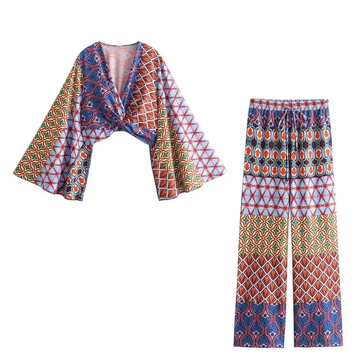 Fashion Vintage Print Long Flare Sleeve Top Wide Leg Pants Suit Elegant Women V Neck Crop Tops Elastic Waist Trousers Set Outfit