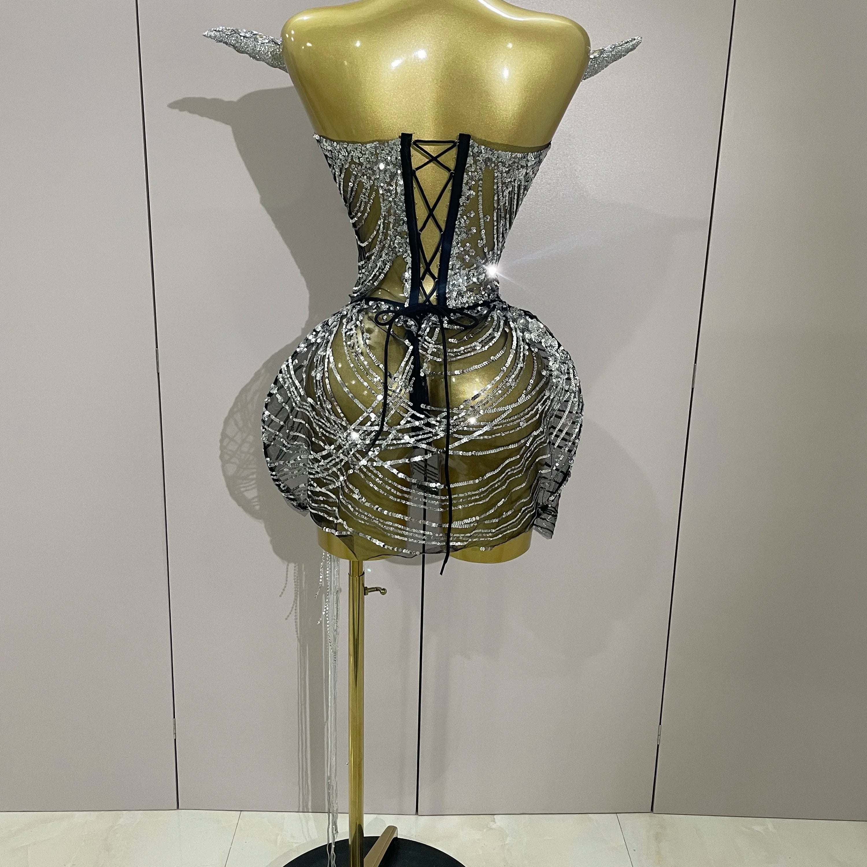 Stock Sexy Shinning Diamond Tassels Chain Strapless Tops Skirt 2 PCS Women Evening Party Celebrate Nightclub Performance Costume