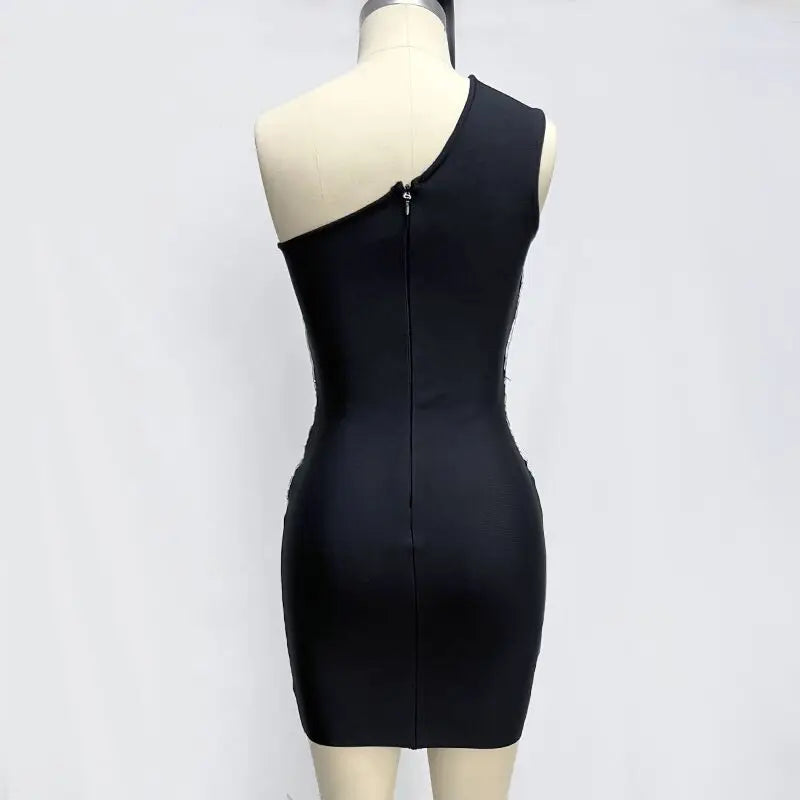 Women Sexy One Shoulder Sparkly Crystal Bodycon Mini Bandage Dress Fashion Celebrate Nightclub Party Outfit